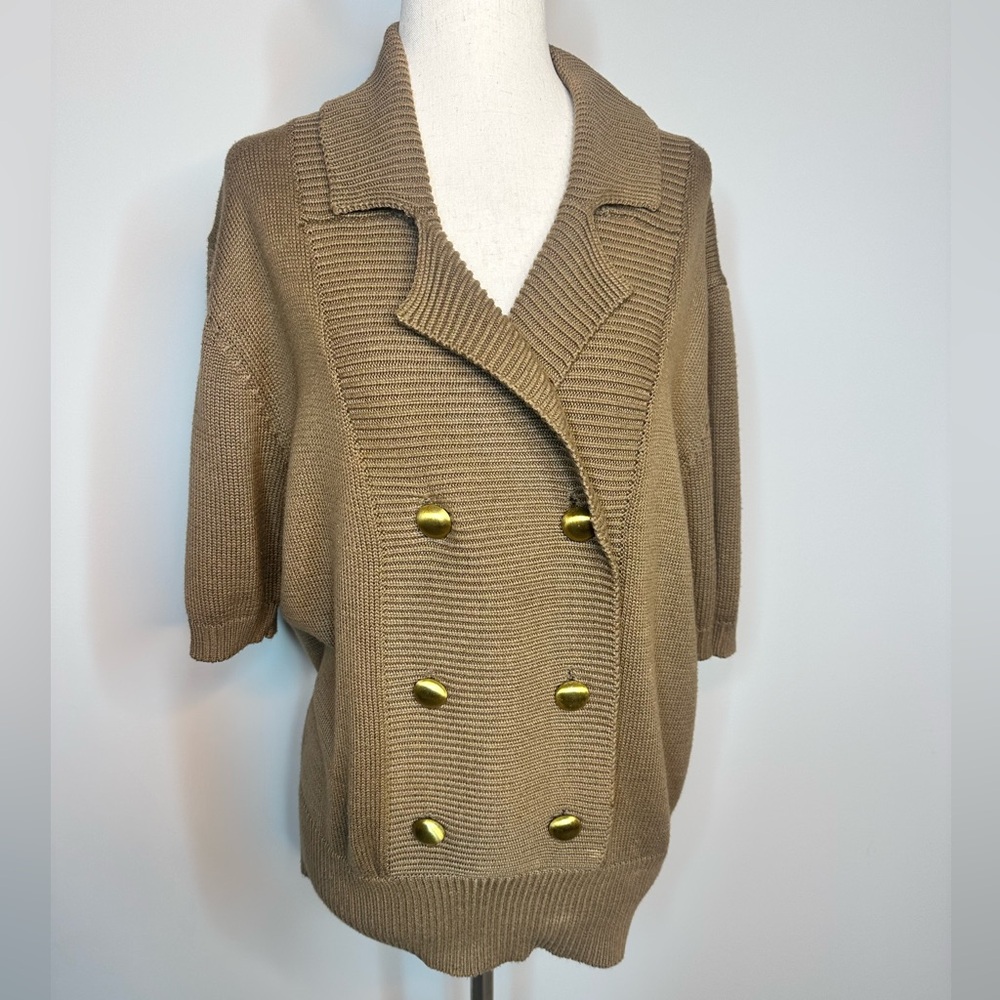 Sz S Vintage Collections Internationale Tan Sweater Gold buttons double breasted